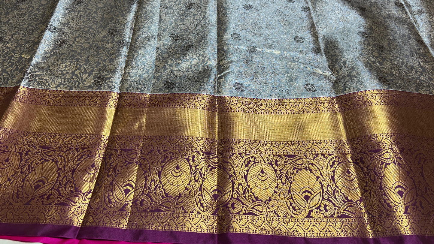 Elegant Black & Silver Semi Mix Silk Saree with Gold Zari Floral Weaves and Contrasting Pink Blouse