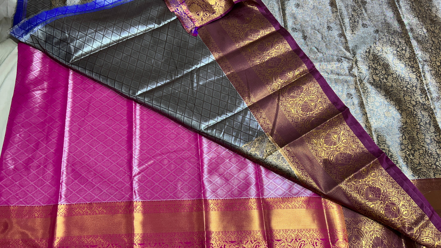 Elegant Black & Silver Semi Mix Silk Saree with Gold Zari Floral Weaves and Contrasting Pink Blouse