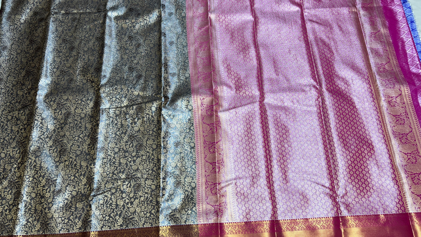 Elegant Black & Silver Semi Mix Silk Saree with Gold Zari Floral Weaves and Contrasting Pink Blouse