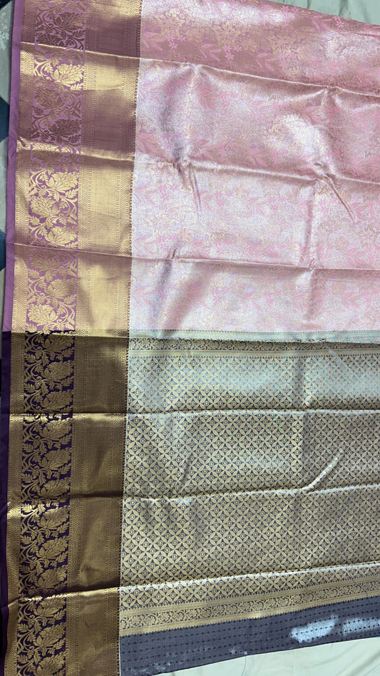 Blush Bloom Semi Mix Silk Saree with Antique Gold Zari Highlights