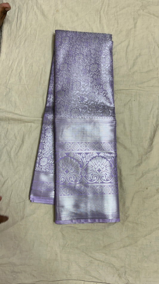 Elegant Lavender Silver Zari Semi Mix Silk Saree with Intricate Floral Weaves