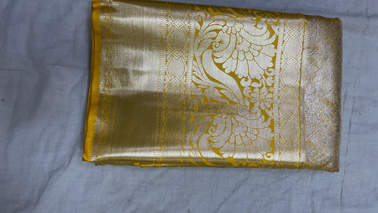 Elegant Golden Yellow Semi Mix Silk Saree with Rich Zari Weaving & Floral Motifs