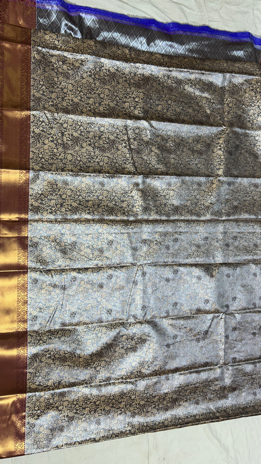 Elegant Black & Silver Semi Mix Silk Saree with Gold Zari Floral Weaves and Contrasting Pink Blouse