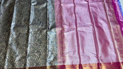 Elegant Black & Silver Semi Mix Silk Saree with Gold Zari Floral Weaves and Contrasting Pink Blouse