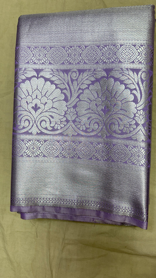 Elegant Lavender Silver Zari Semi Mix Silk Saree with Intricate Floral Weaves